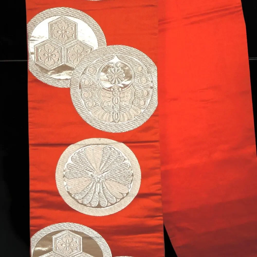 VTG Japanese Silk Fukuro Obi Vermilion Orange Gold Brocade  Kimono Sash 164